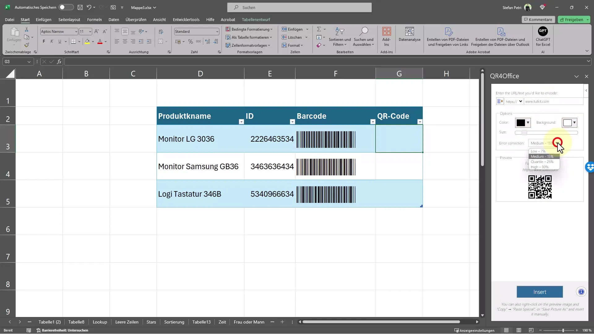 Quickly create barcodes and QR codes in Excel