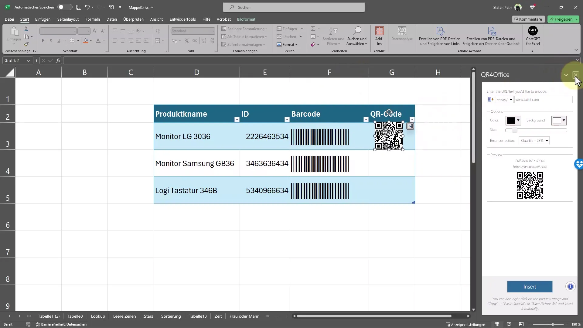 Fast generation of barcodes and QR codes in Excel