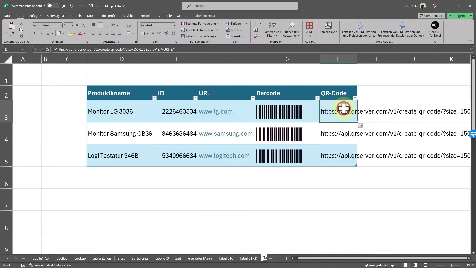 Quick creation of barcodes and QR codes in Excel