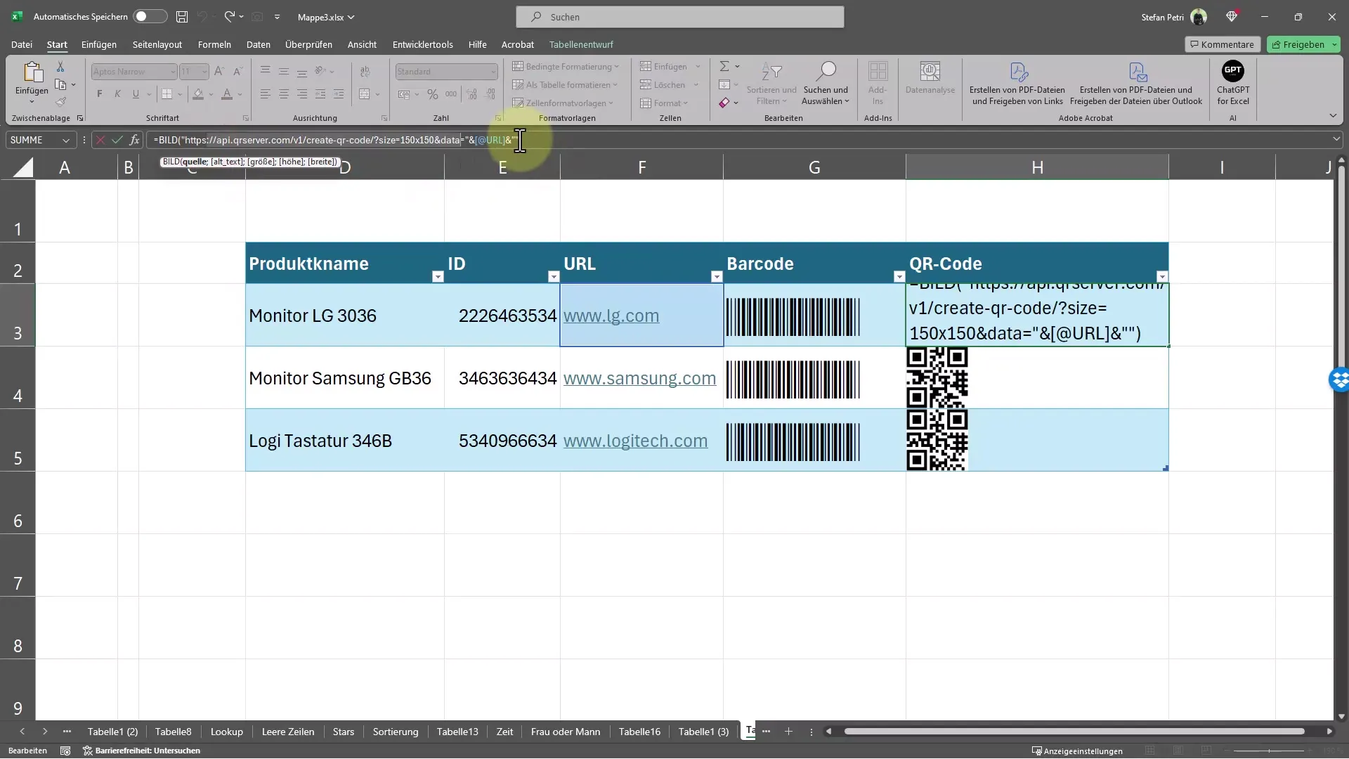 Quick creation of barcodes and QR codes in Excel