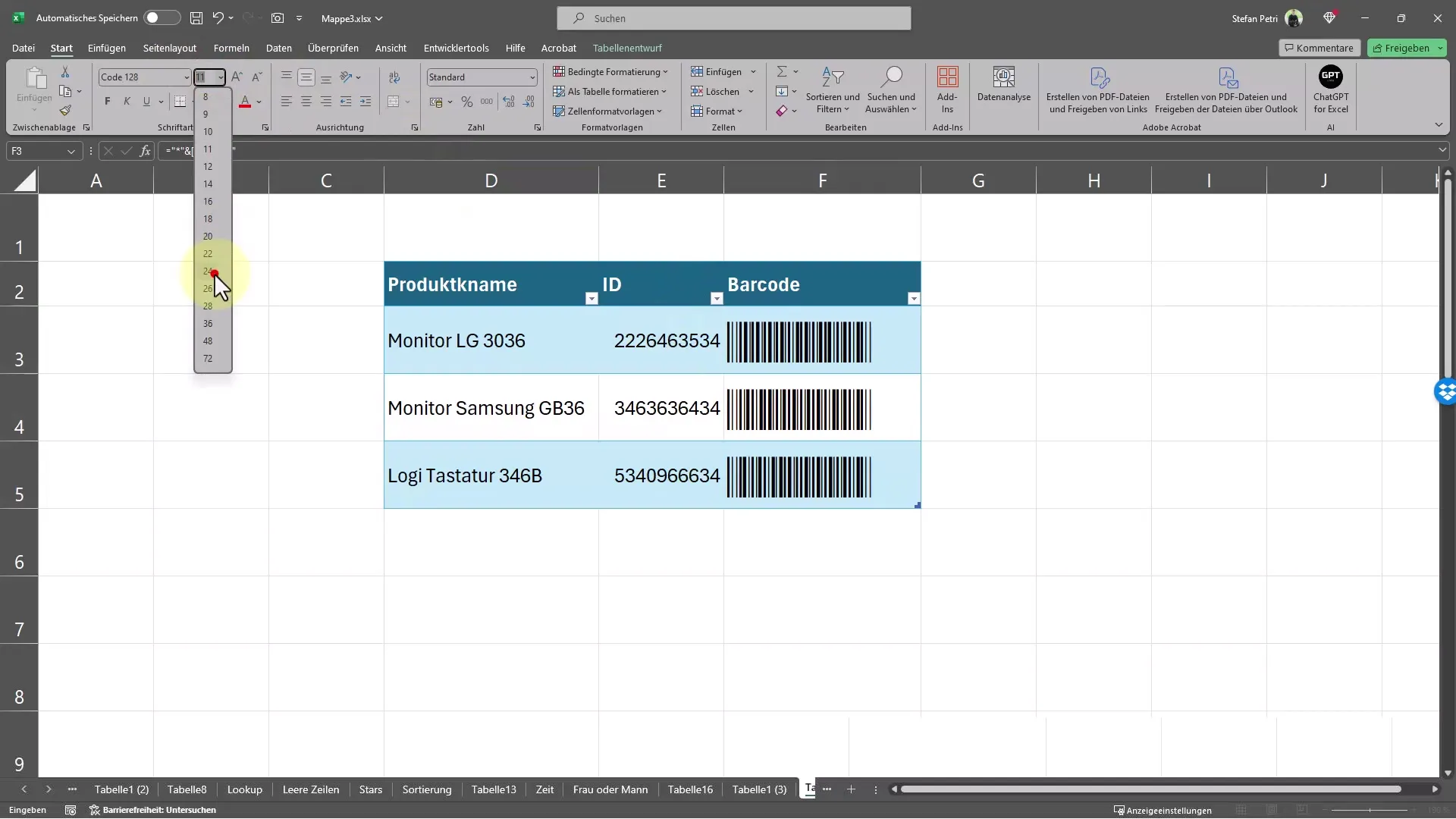 Fast creation of barcodes and QR codes in Excel