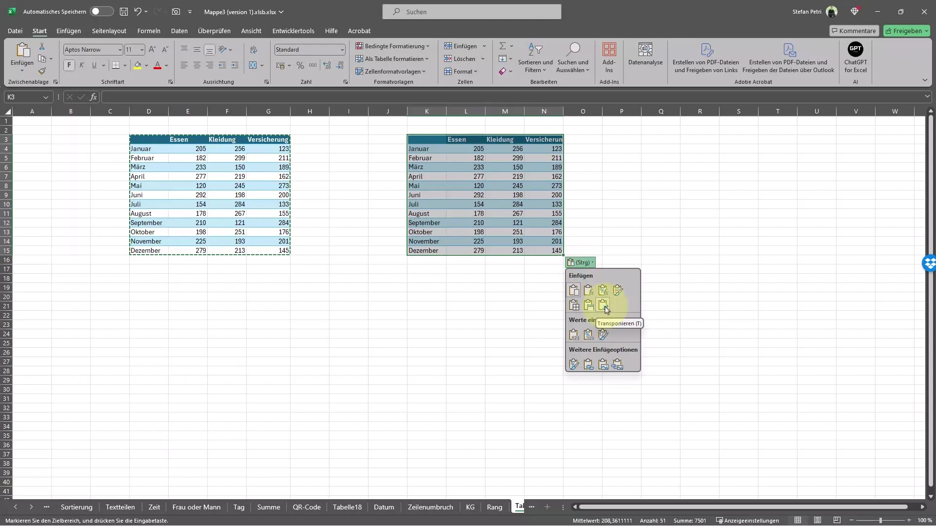 Zeilen und Spalten mit Excel schnell tauschen